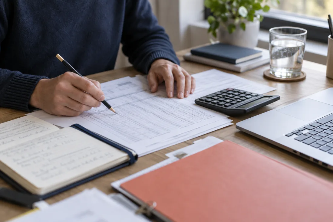 A financial document being reviewed at a working desk