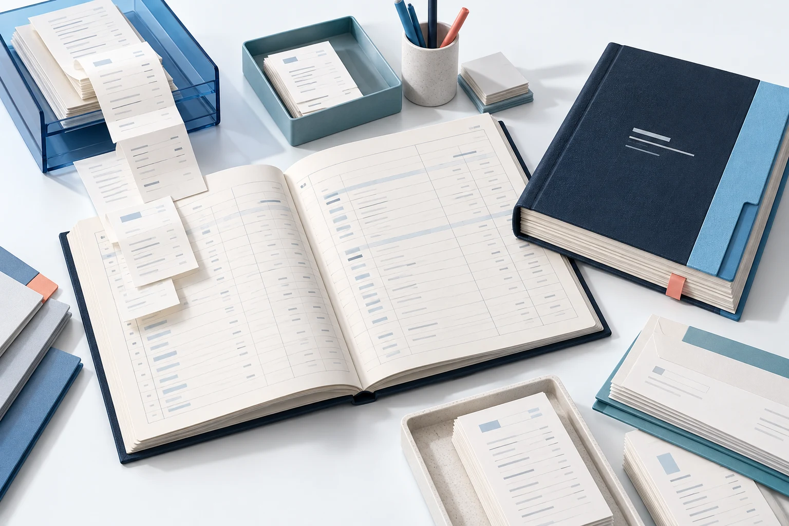 Receipts organized beside an open ledger and a bound month-end report